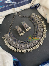Silver Look Alike Choker Short Neckpiece -Dark Blue-S730